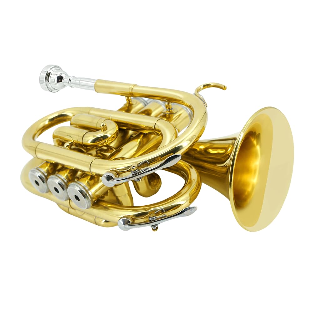 Pocket Trumpet Mini Brass Instrument with 7C Mouthpiece & Case D2876