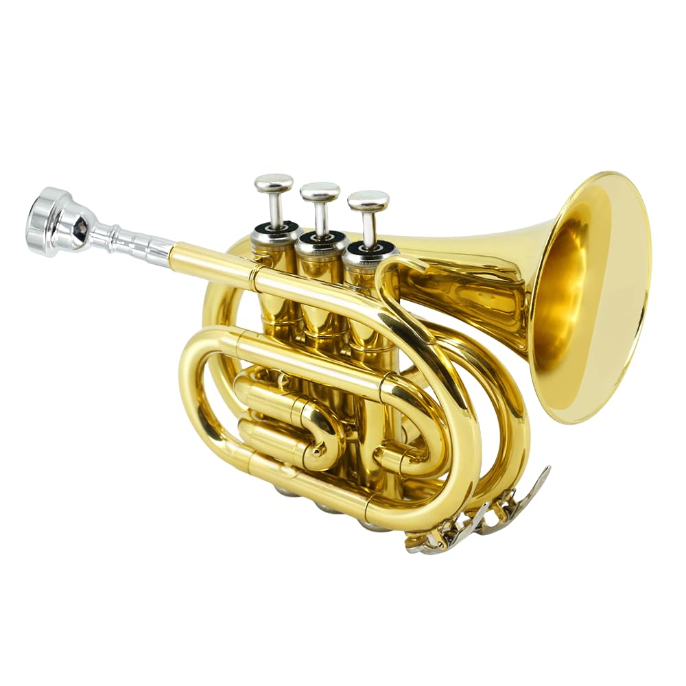 Pocket Trumpet Mini Brass Instrument with 7C Mouthpiece & Case D2876