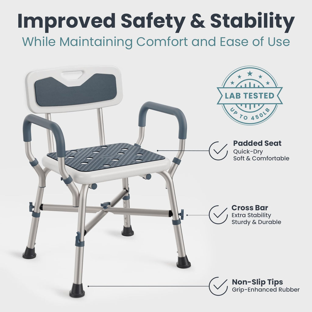 Blue Adjustable Shower Chair with Padded Armrests and Back I708452