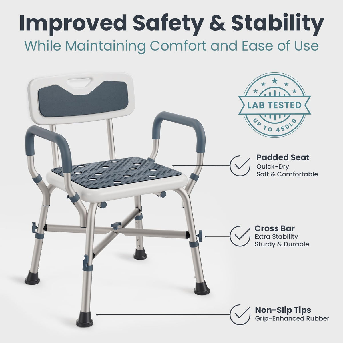 Blue Adjustable Shower Chair with Padded Armrests and Back I708452