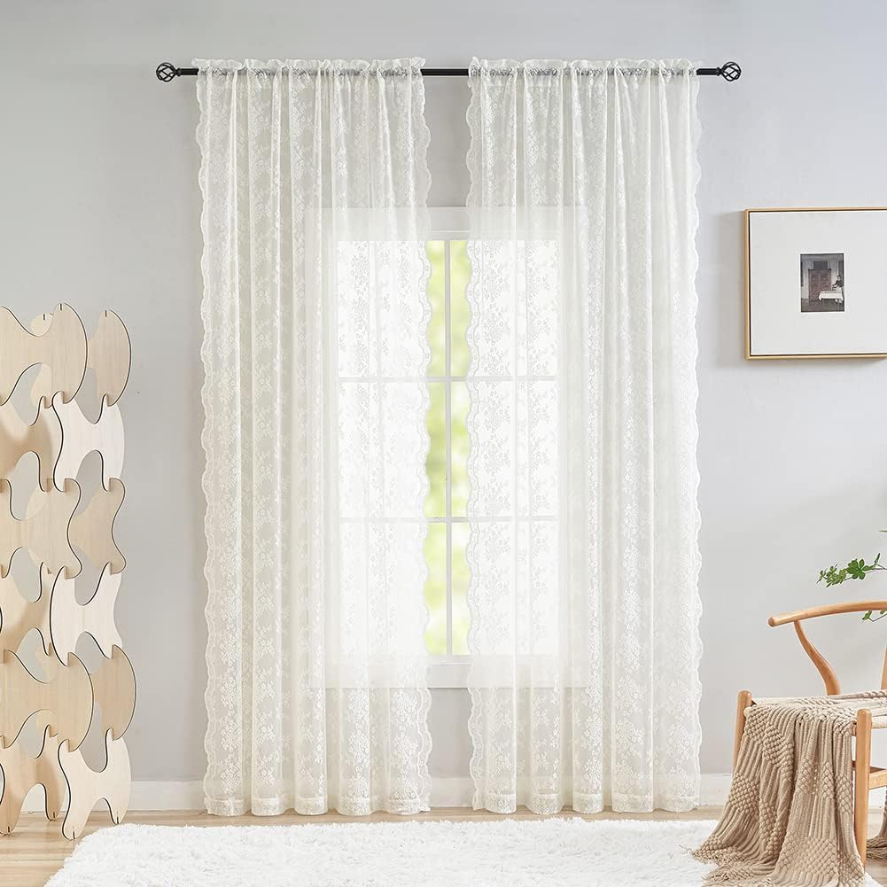 Ivory 102 Inch Long Lace Curtain Panels 2 Panels Set S324639