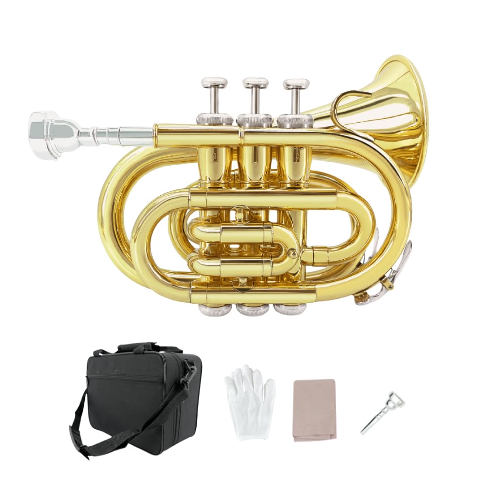 Pocket Trumpet Mini Brass Instrument with 7C Mouthpiece & Case D2876