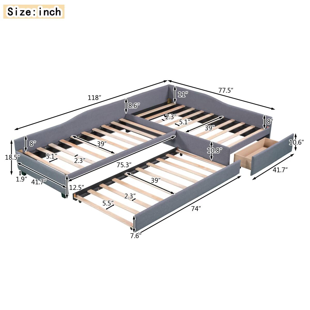 Gray L-Shaped Daybed with Trundle & Drawer M91413