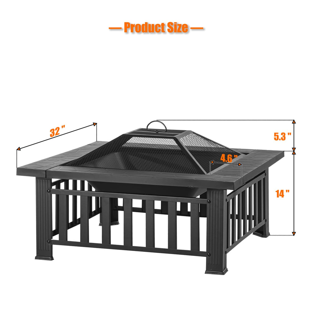 32 inch Square Outdoor Fire Pit Table with Spark Screen R104