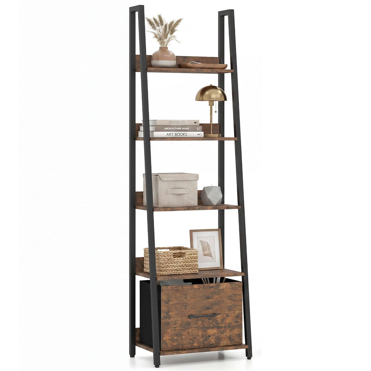 5-Tier Ladder Bookshelf with Fabric Drawer S860
