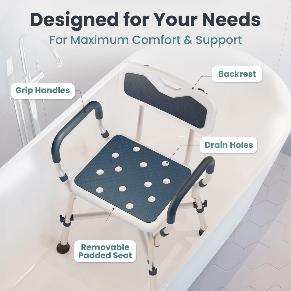 Blue Adjustable Shower Chair with Padded Armrests and Back I708452
