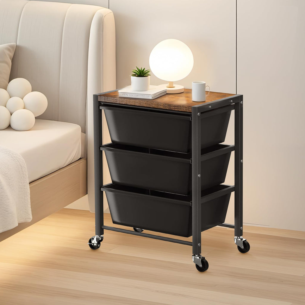 3 Drawer Rolling Cart with Lockable Wheels and Wooden Tabletop U973883