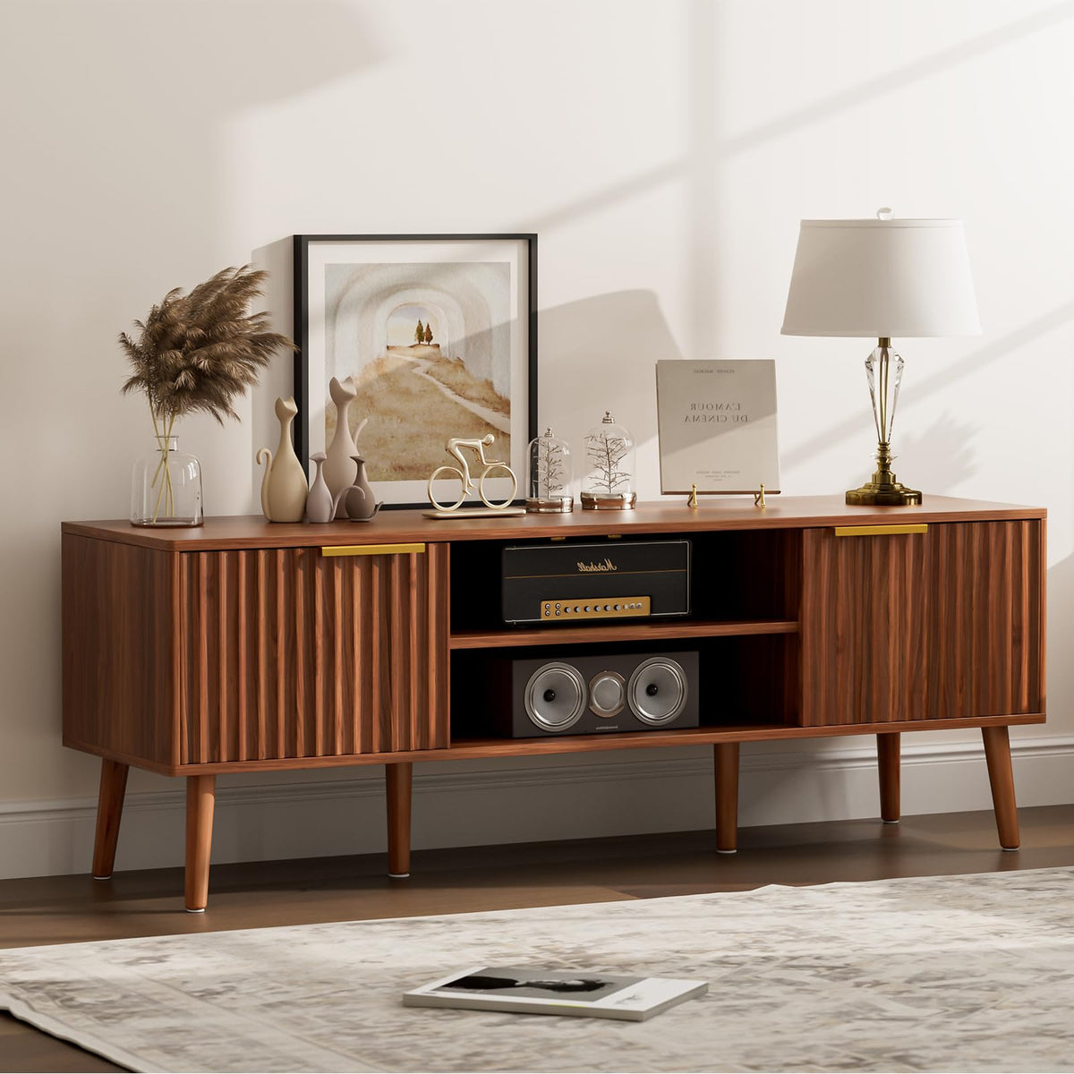 Walnut TV Stand with Fluted Doors U6104