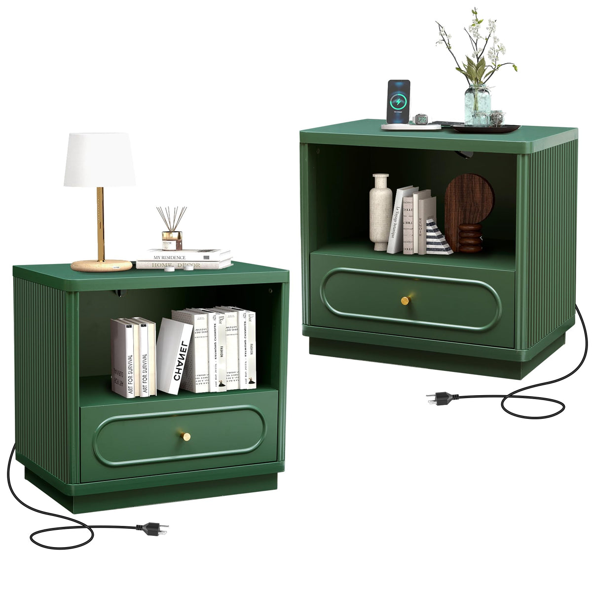 Green Fluted Nightstand Set of 2 with Charging Station E2686