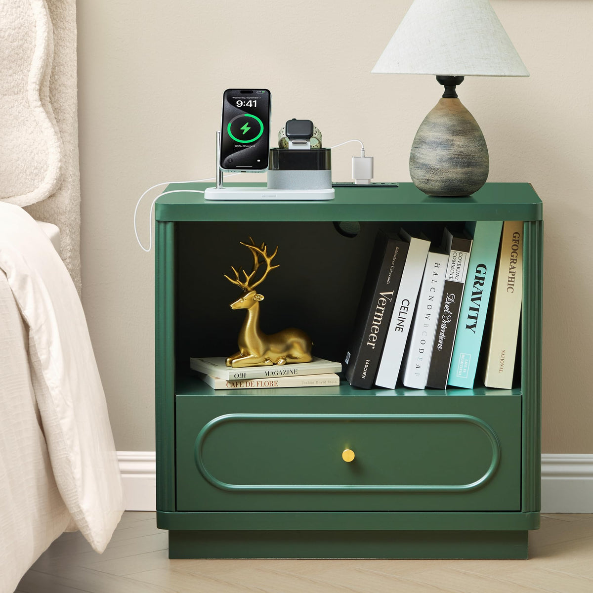Green Fluted Nightstand Set of 2 with Charging Station E2686