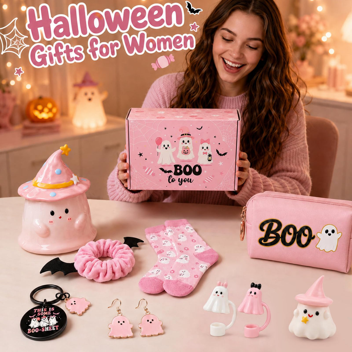 Pink Halloween Boo Basket Set with 14oz Cups A51833