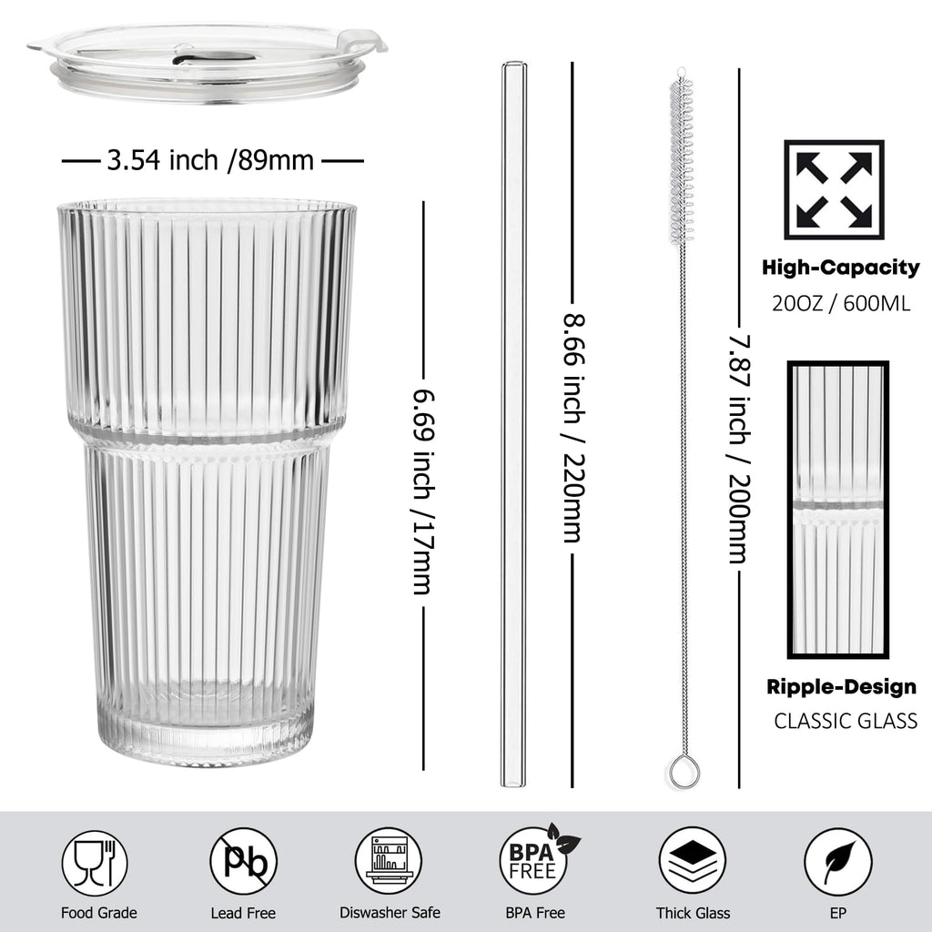 20 oz Ribbed Glass Tumbler with Lids and Straws, Pack of 2 A4844