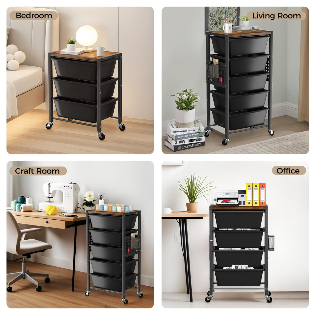 3 Drawer Rolling Cart with Lockable Wheels and Wooden Tabletop U973883