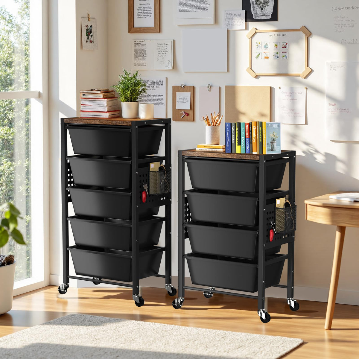3 Drawer Rolling Cart with Lockable Wheels and Wooden Tabletop U973883