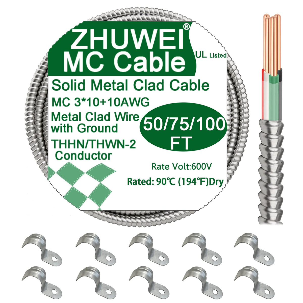 10 AWG Metal Clad Cable with Ground 50FT F82903