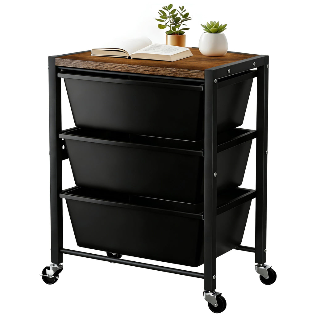 3 Drawer Rolling Cart with Lockable Wheels and Wooden Tabletop U973883