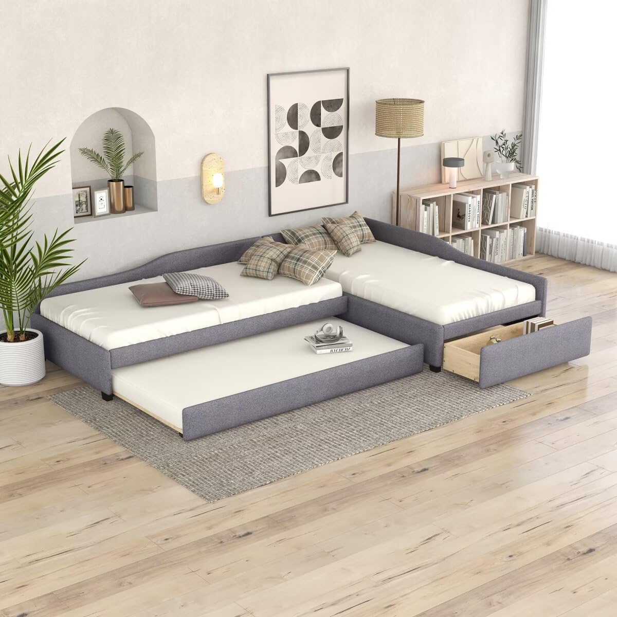 Gray L-Shaped Daybed with Trundle & Drawer M91413