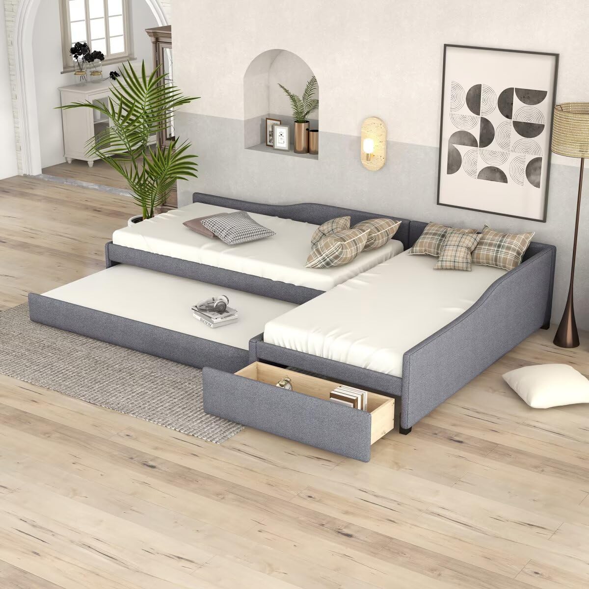 Gray L-Shaped Daybed with Trundle & Drawer M91413