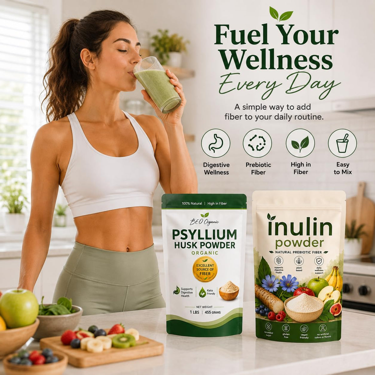 Organic Psyllium Husk Powder and Inulin Powder 2 Pack 1 lb Unflavored O9876