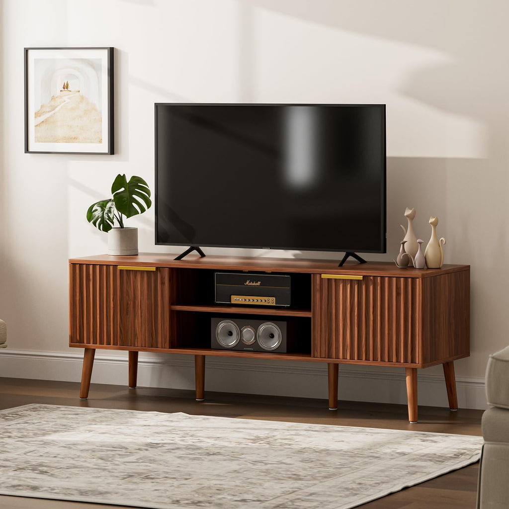 Walnut TV Stand with Fluted Doors U6104