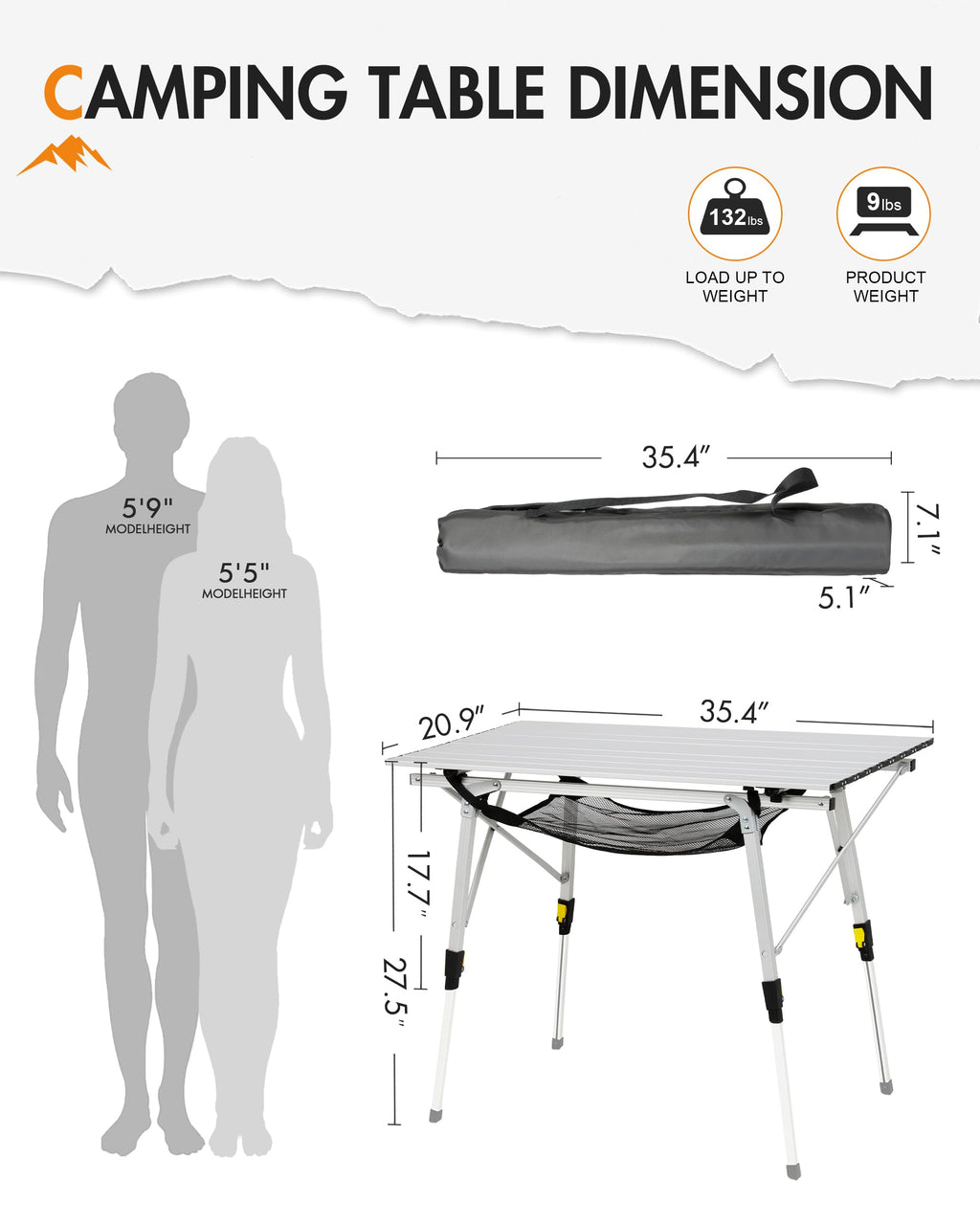 Folding Portable Camping Table with Adjustable Height Aluminum Roll Up Top B49761