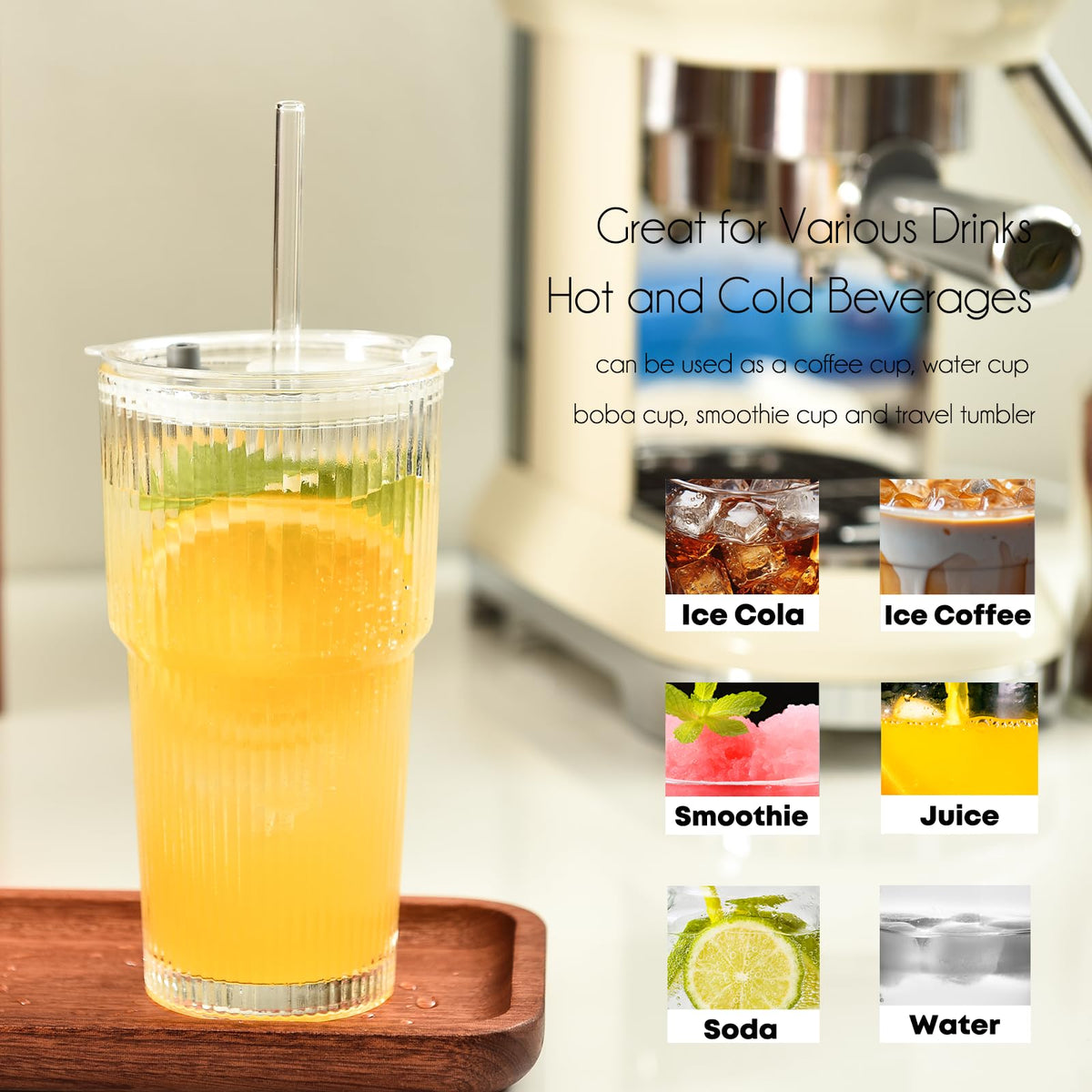 20 oz Ribbed Glass Tumbler with Lids and Straws, Pack of 2 A4844