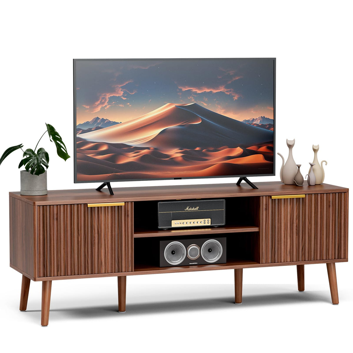 Walnut TV Stand with Fluted Doors U6104
