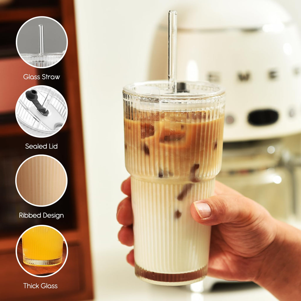 20 oz Ribbed Glass Tumbler with Lids and Straws, Pack of 2 A4844