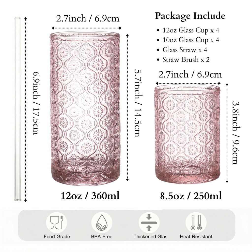 Pink Floral Embossed 12 Oz Highball & 10 Oz Cocktail Glasses Set of 8 with Straws M420268