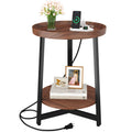 Round Industrial Side Table with Charging Station, 2-Tier Metal Frame E3489