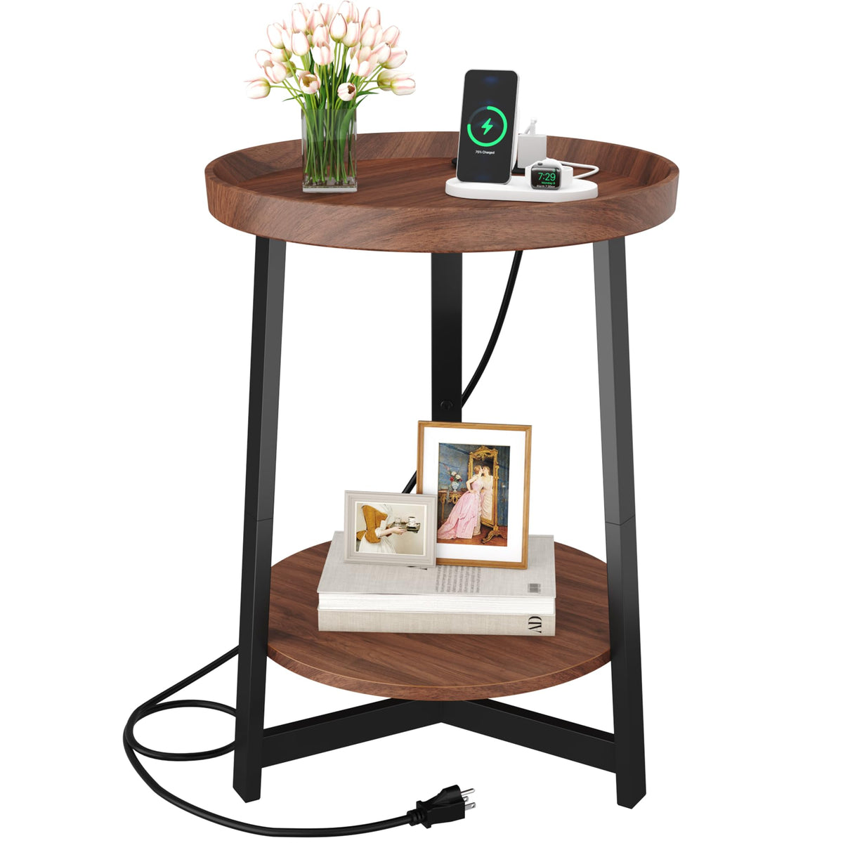 Round Industrial Side Table with Charging Station, 2-Tier Metal Frame E3489
