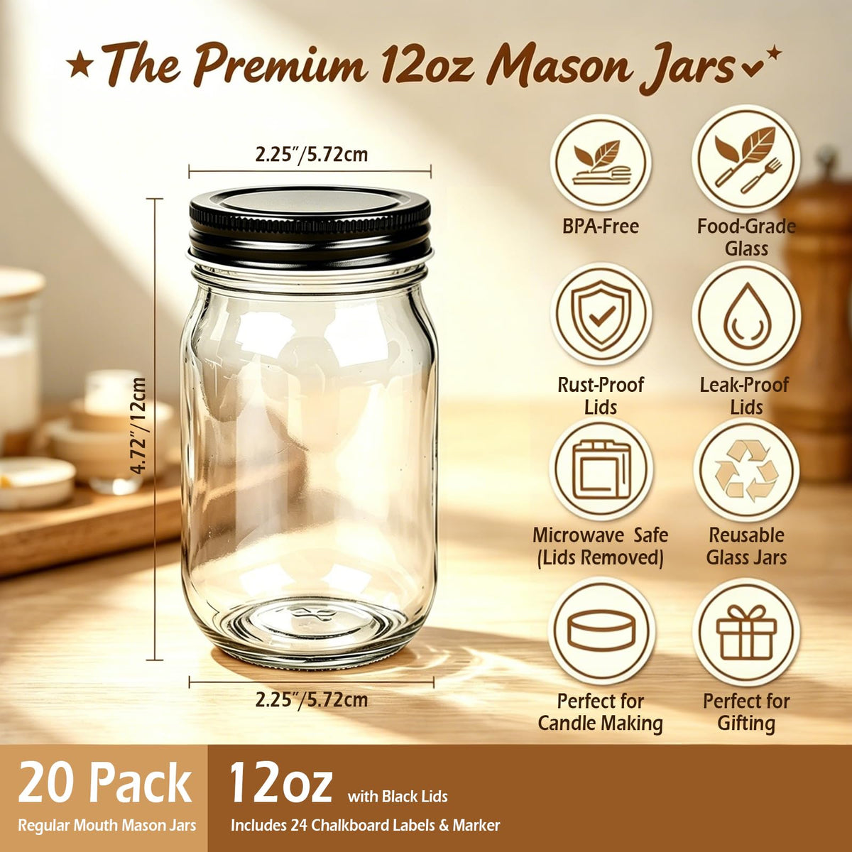 20 Pack Glass Jars With Lids 12 oz F3285