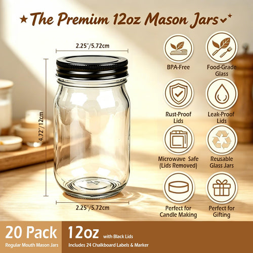 20 Pack Glass Jars With Lids 12 oz F3285