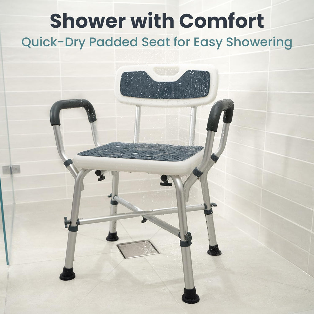 Blue Adjustable Shower Chair with Padded Armrests and Back I708452