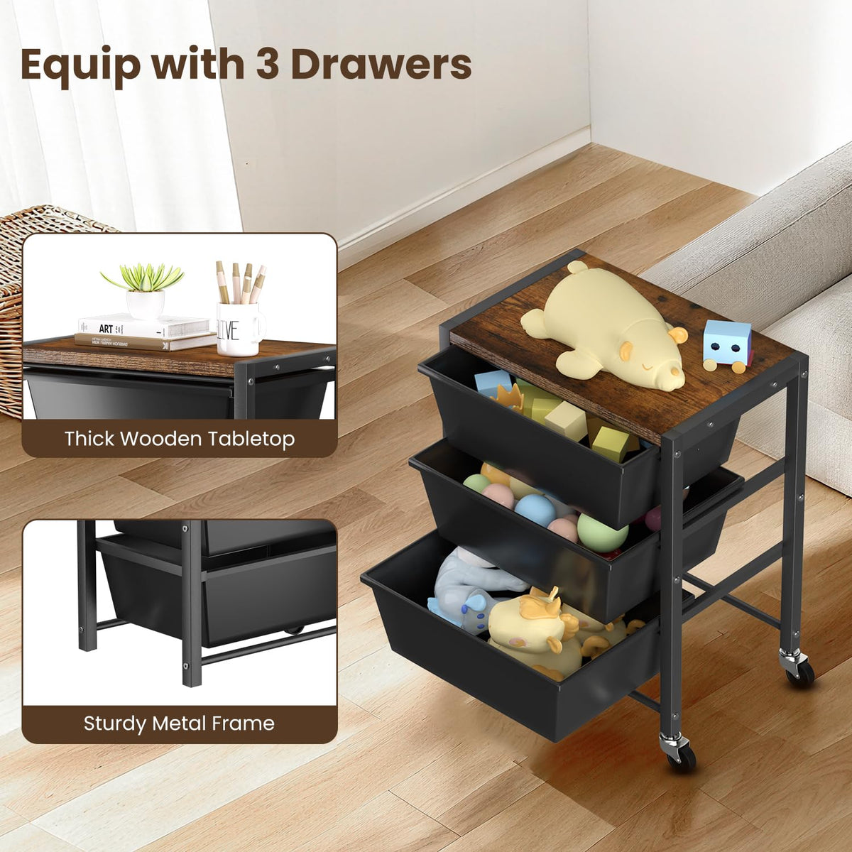 3 Drawer Rolling Cart with Lockable Wheels and Wooden Tabletop U973883
