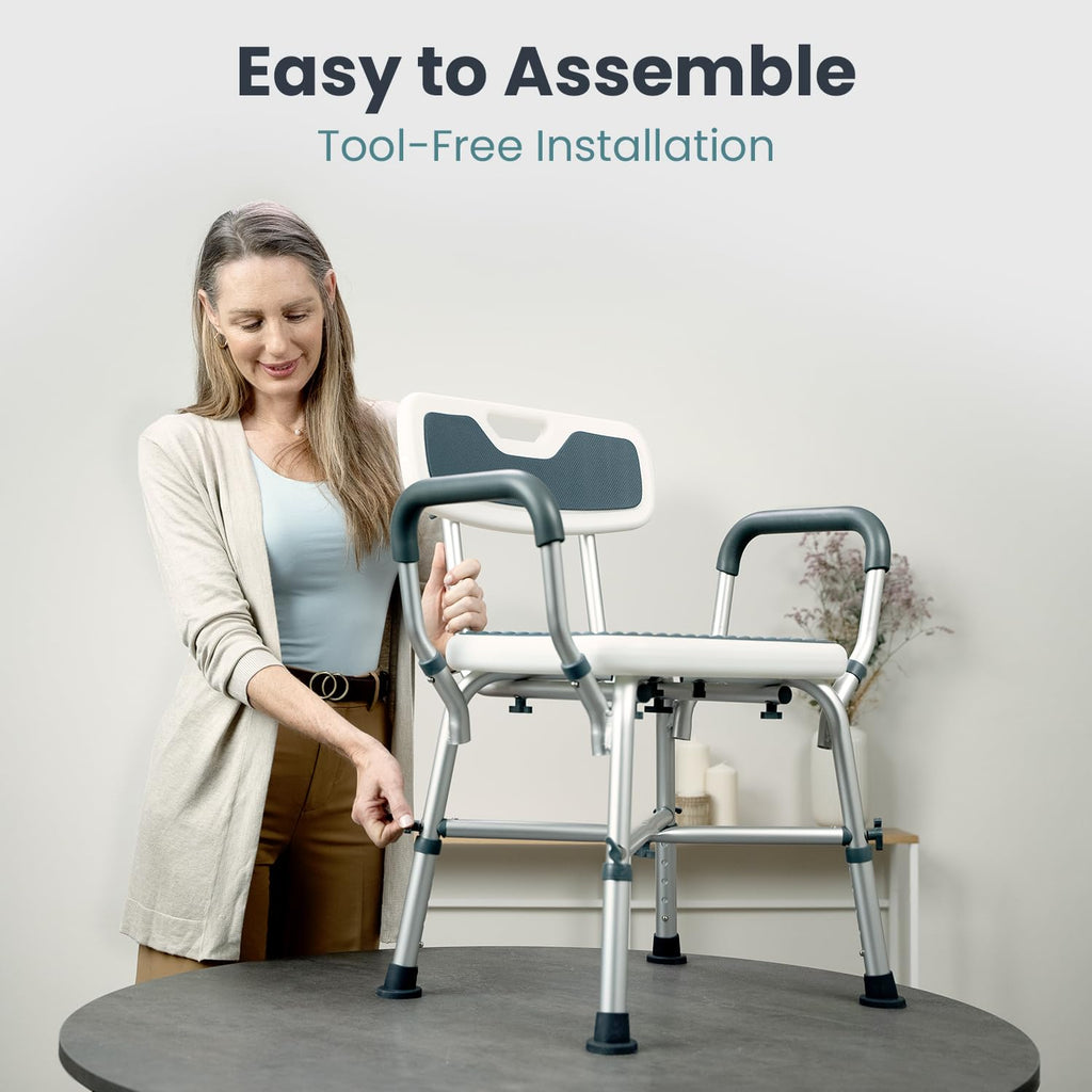 Blue Adjustable Shower Chair with Padded Armrests and Back I708452