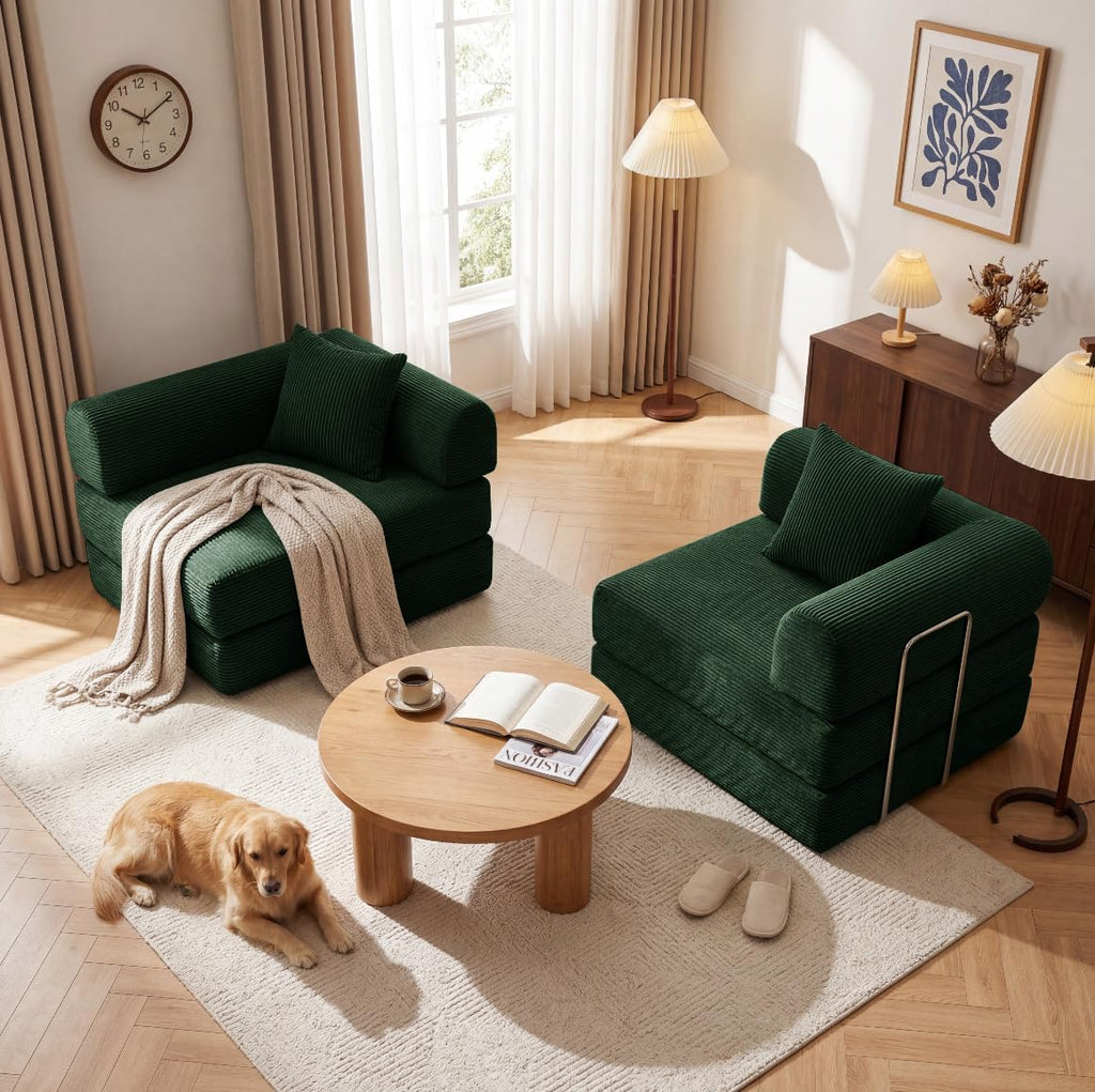 Green Corduroy Convertible Sofa Bed with 2 Pillows W79545