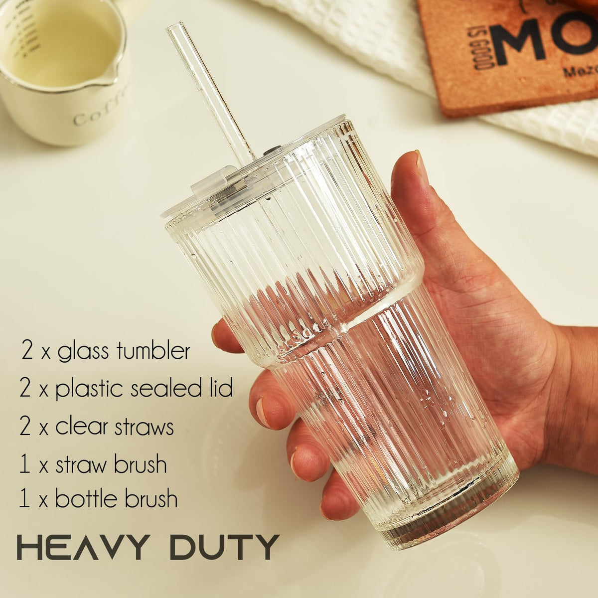 20 oz Ribbed Glass Tumbler with Lids and Straws, Pack of 2 A4844