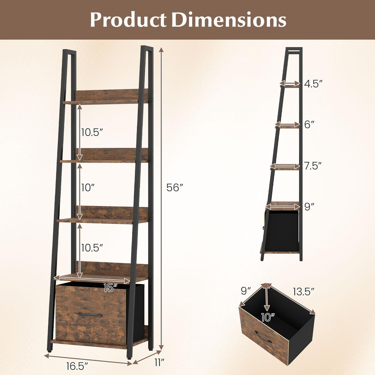 5-Tier Ladder Bookshelf with Fabric Drawer S860