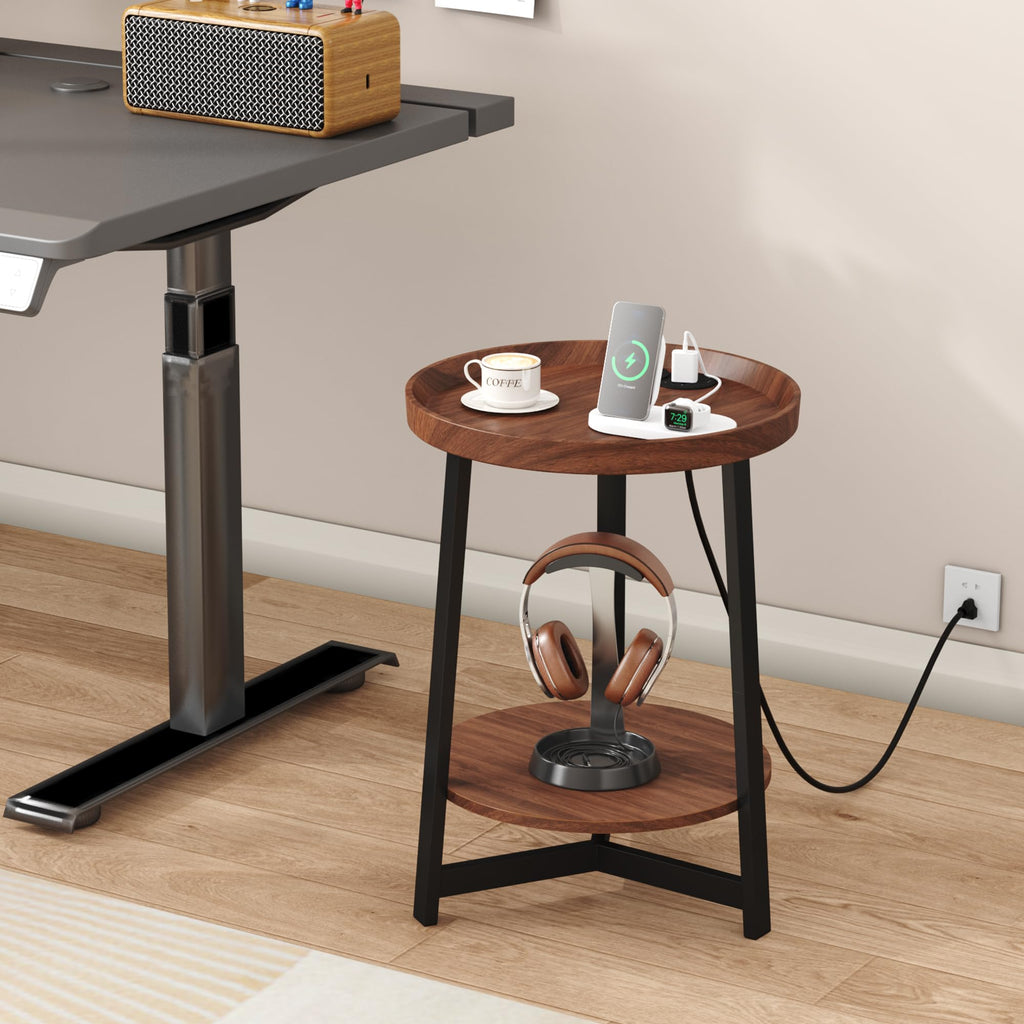 Round Industrial Side Table with Charging Station, 2-Tier Metal Frame E3489