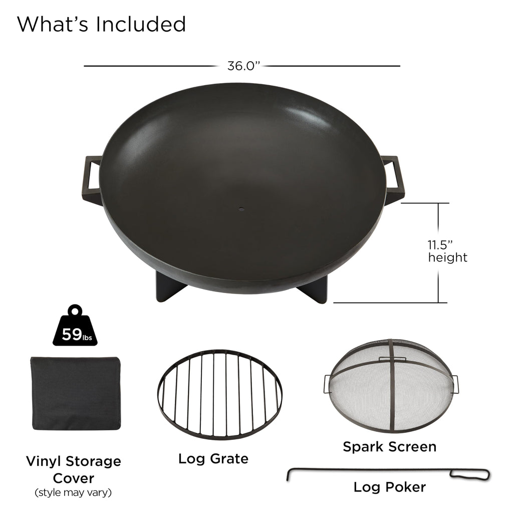 36” Round Wood Burning Steel Fire Pit with Spark Screen, Poker, Log Grate and Storage Cover E4410