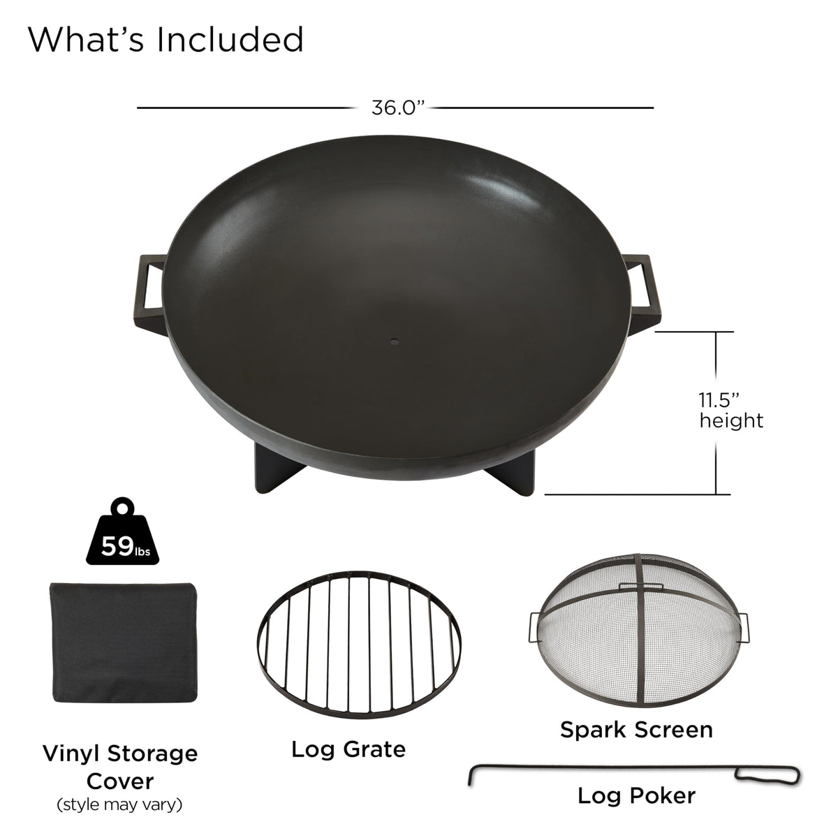 36” Round Wood Burning Steel Fire Pit with Spark Screen, Poker, Log Grate and Storage Cover E4410