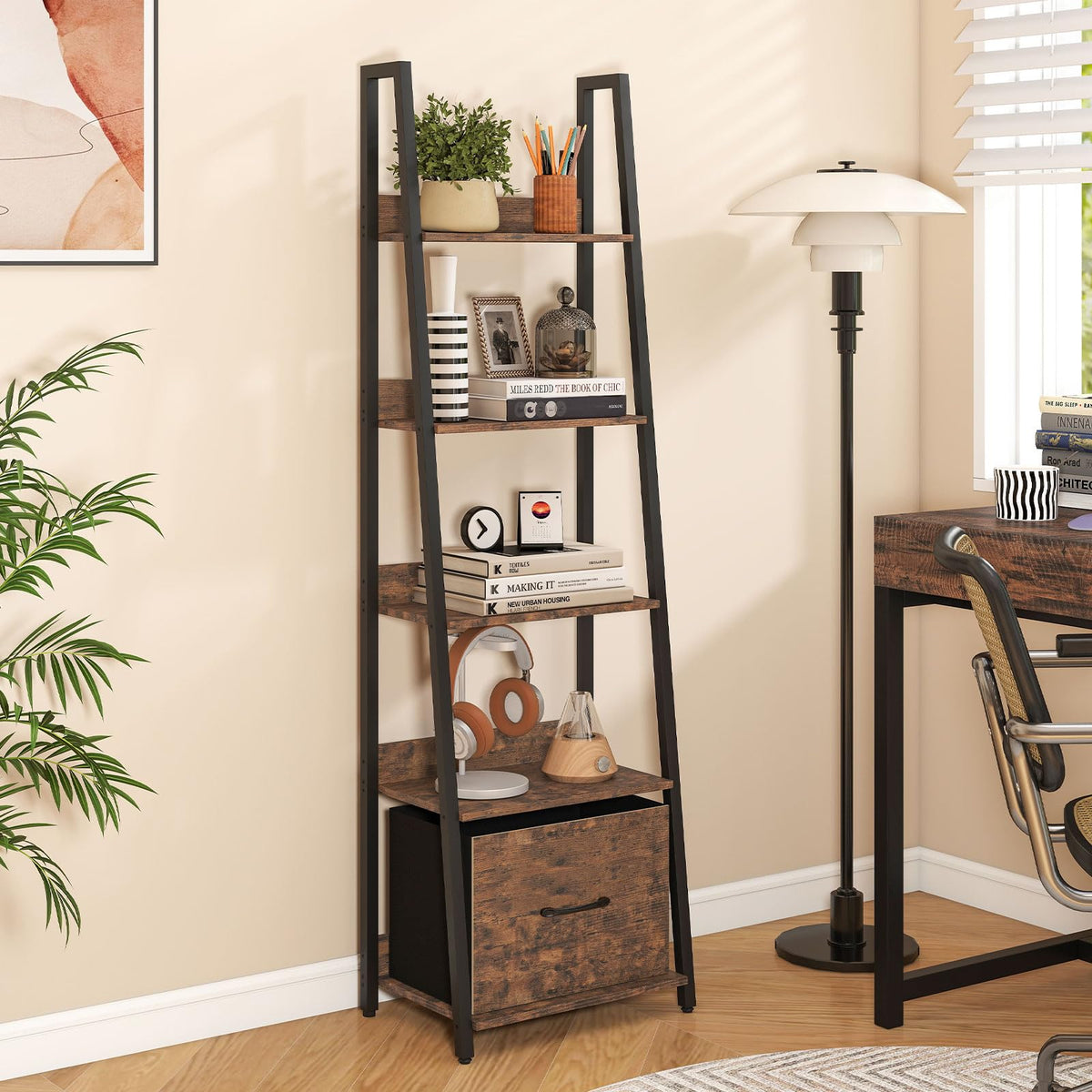 5-Tier Ladder Bookshelf with Fabric Drawer S860