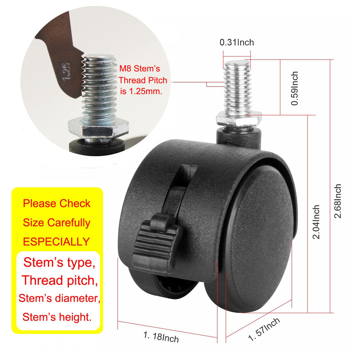 1.5 Inch Swivel Stem Caster Wheels with Locking Brake 4 Pack S4917