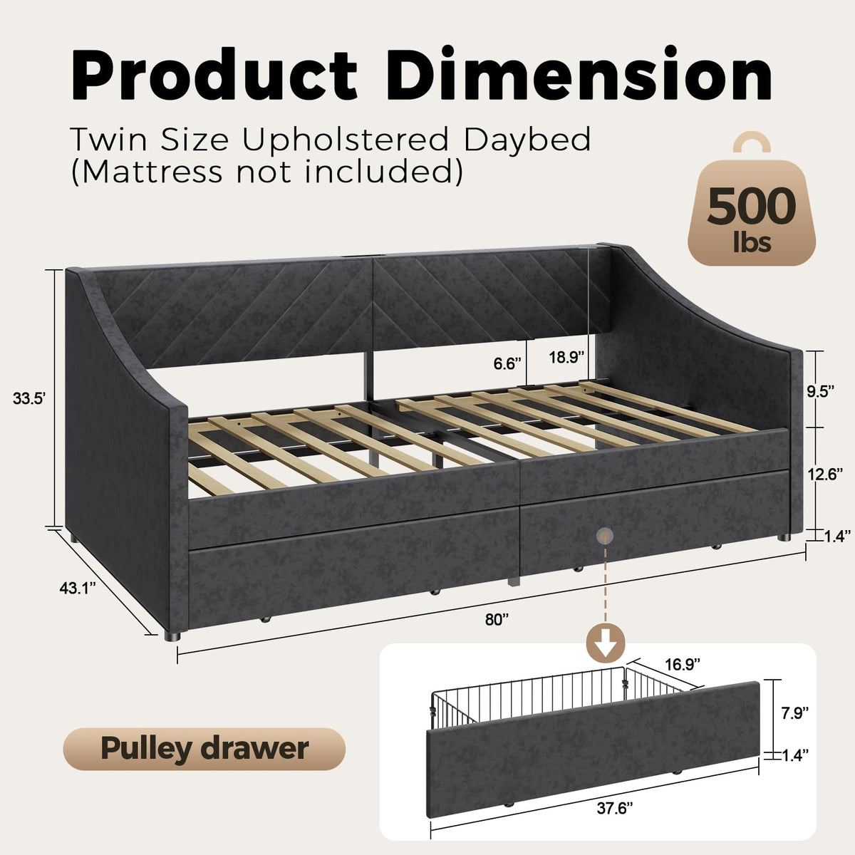Twin Size Upholstered Daybed with 2 Storage Drawers Y4764