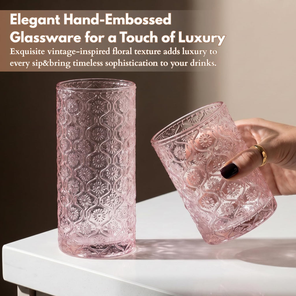 Pink Floral Embossed 12 Oz Highball & 10 Oz Cocktail Glasses Set of 8 with Straws M420268
