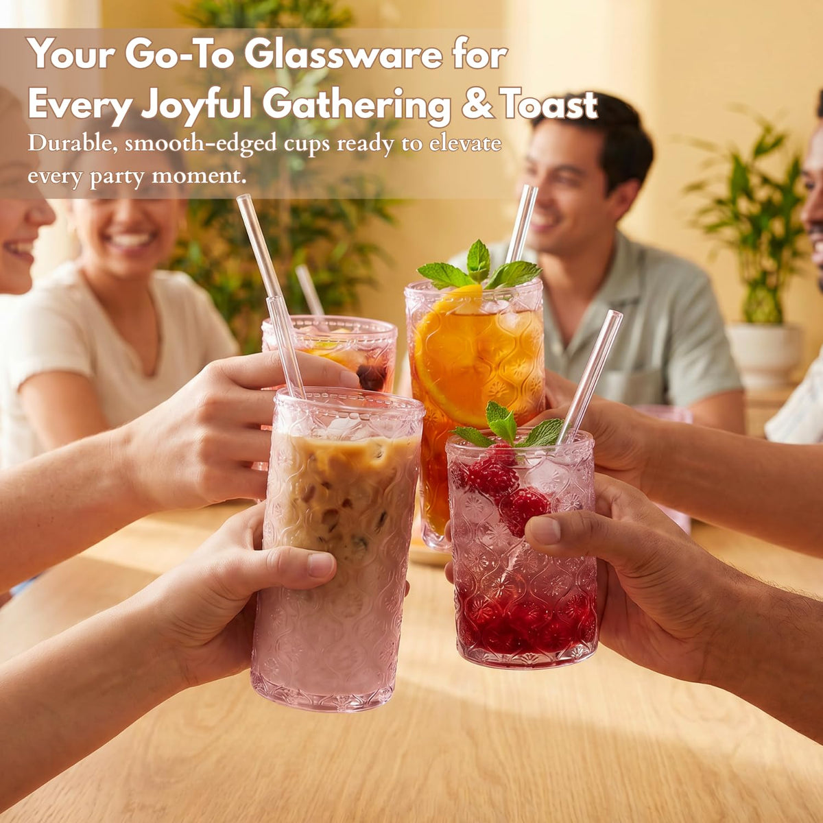 Pink Floral Embossed 12 Oz Highball & 10 Oz Cocktail Glasses Set of 8 with Straws M420268