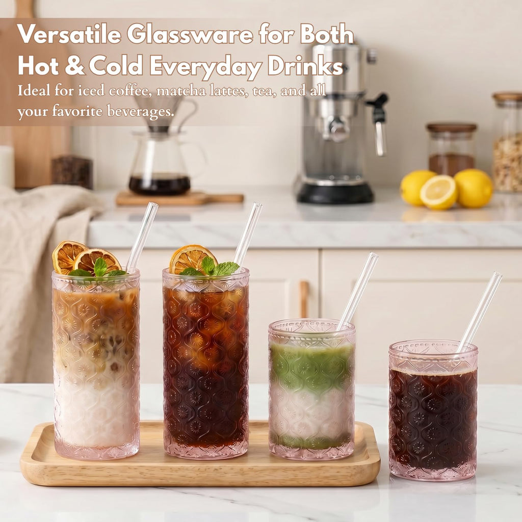 Pink Floral Embossed 12 Oz Highball & 10 Oz Cocktail Glasses Set of 8 with Straws M420268