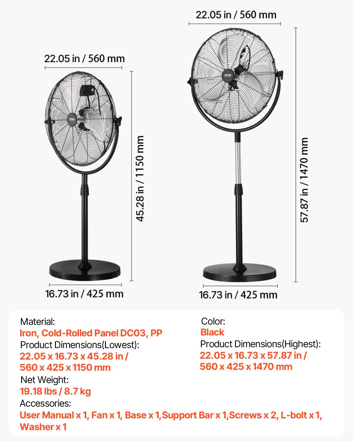18 Inch Adjustable Height Standing Fan with 3 Speeds, Black T97150