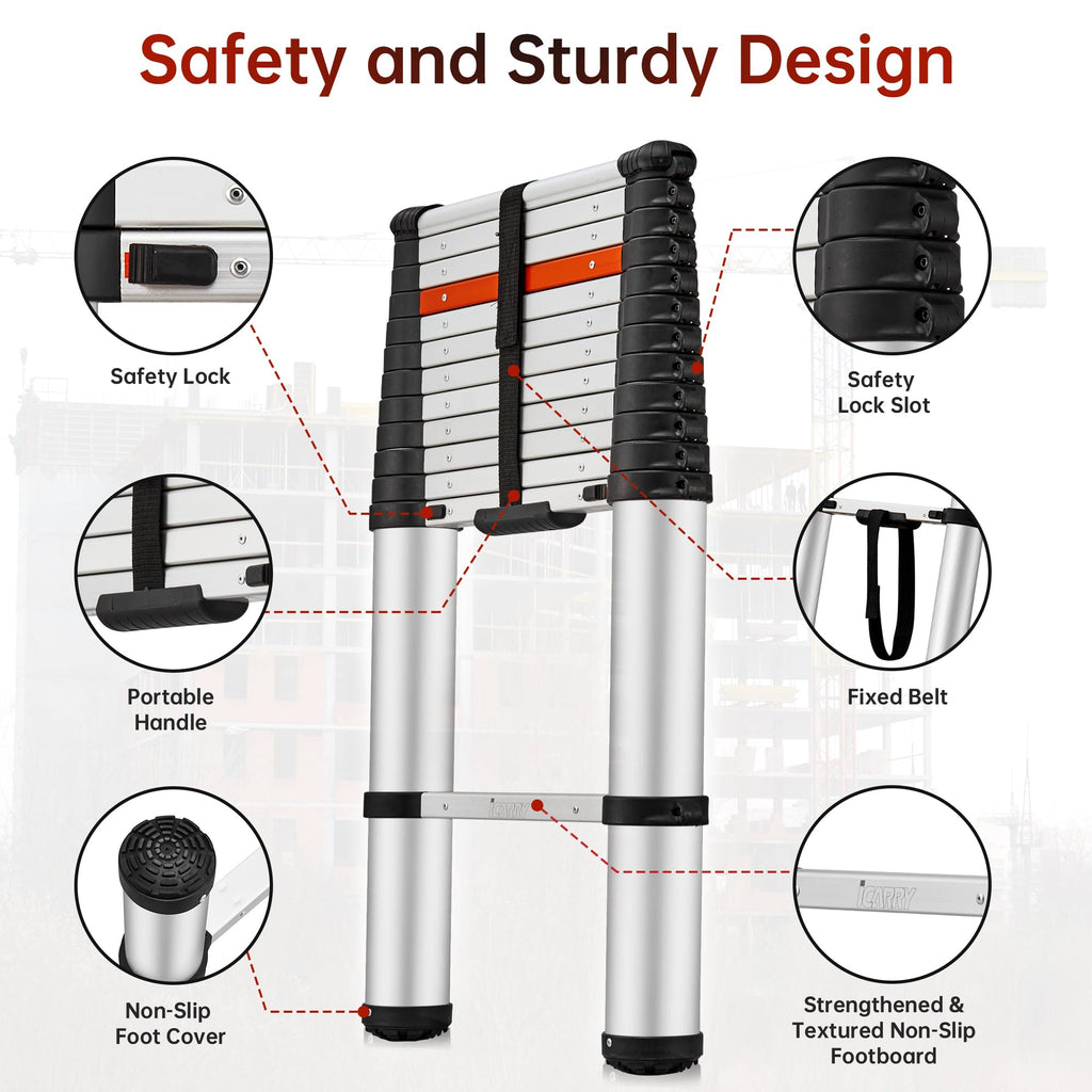 Telescoping Aluminum Ladder 12.9 FT 250lb Capacity R153